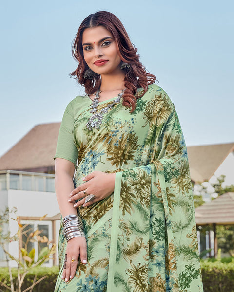 Pastel Green Printed Crepe Saree