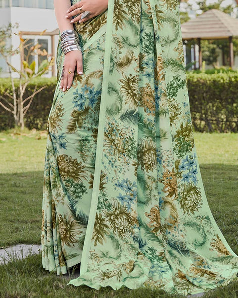 Pastel Green Printed Crepe Saree