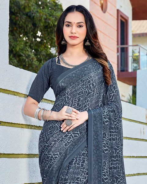 Oxford Blue Printed Crepe Saree