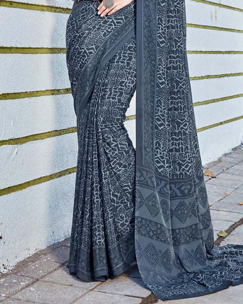Oxford Blue Printed Crepe Saree