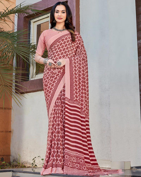 Pastel Pink Printed Crepe Saree