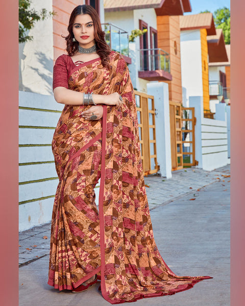 Apricot Orange Printed Crepe Saree