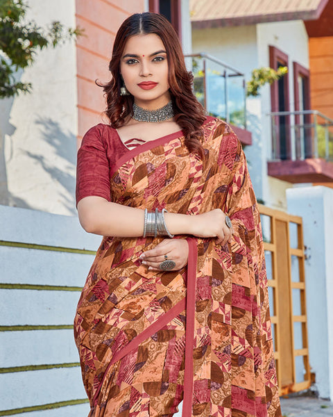 Apricot Orange Printed Crepe Saree