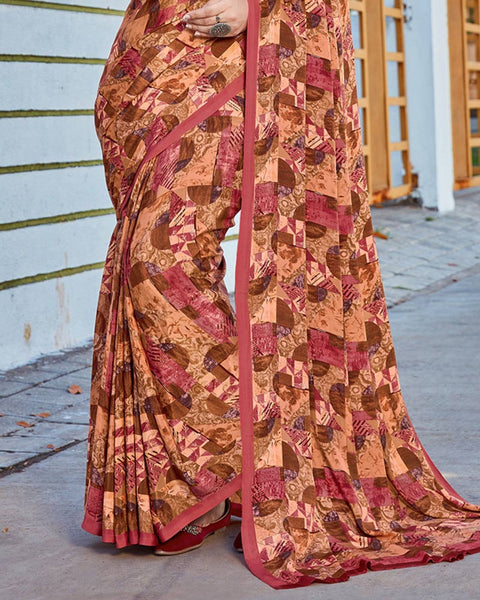 Apricot Orange Printed Crepe Saree