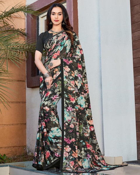 Black Printed Crepe Saree