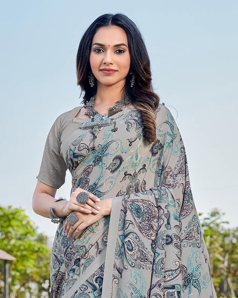 Olso Grey Printed Crepe Saree
