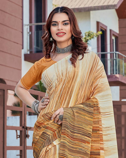 Ivory Printed Crepe Saree