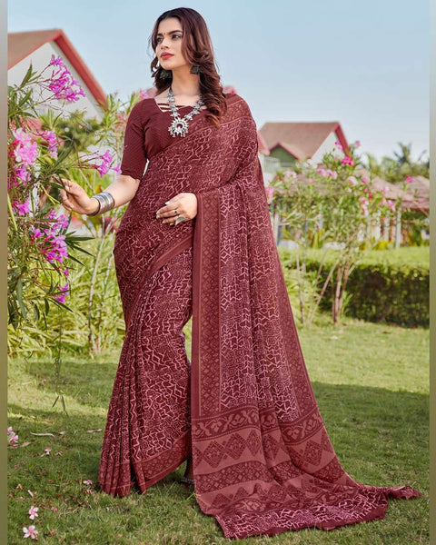 Brick Red Printed Crepe Saree