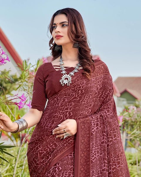Brick Red Printed Crepe Saree