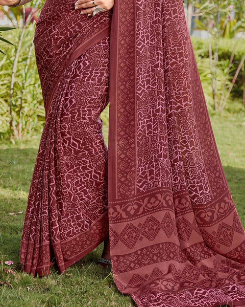 Brick Red Printed Crepe Saree