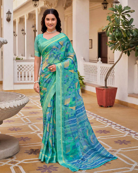Fountain Blue Printed Moss Chiffon Saree With Foil Print And Weaved Fancy Border