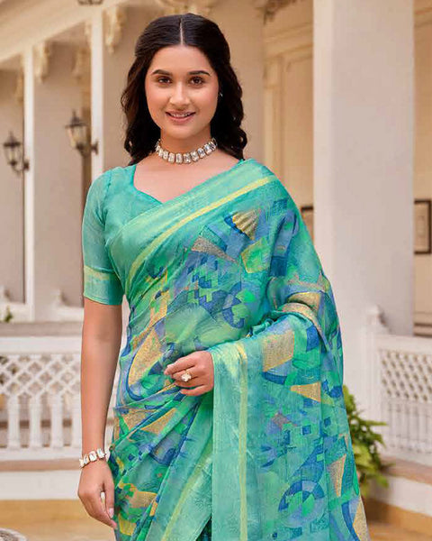 Fountain Blue Printed Moss Chiffon Saree With Foil Print And Weaved Fancy Border