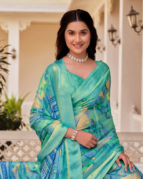Fountain Blue Printed Moss Chiffon Saree With Foil Print And Weaved Fancy Border
