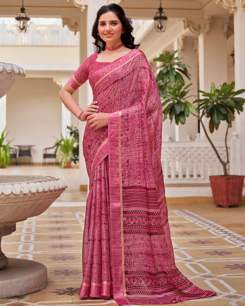Blush Pink Printed Moss Chiffon Saree With Foil Print And Weaved Fancy Border