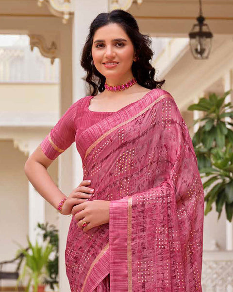 Blush Pink Printed Moss Chiffon Saree With Foil Print And Weaved Fancy Border