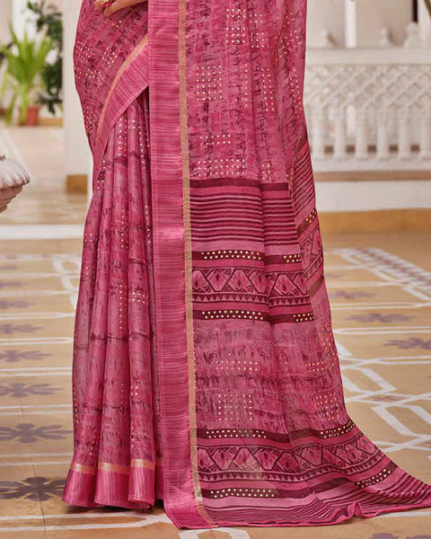 Blush Pink Printed Moss Chiffon Saree With Foil Print And Weaved Fancy Border
