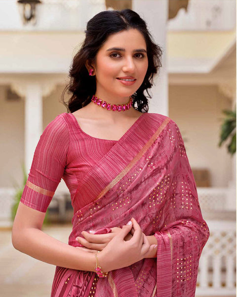 Blush Pink Printed Moss Chiffon Saree With Foil Print And Weaved Fancy Border