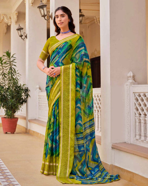 Olive Yellow Printed Moss Chiffon Saree With Foil Print And Weaved Fancy Border