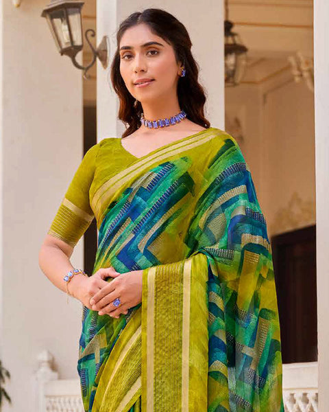 Olive Yellow Printed Moss Chiffon Saree With Foil Print And Weaved Fancy Border