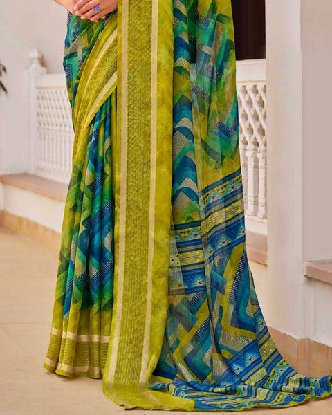 Olive Yellow Printed Moss Chiffon Saree With Foil Print And Weaved Fancy Border