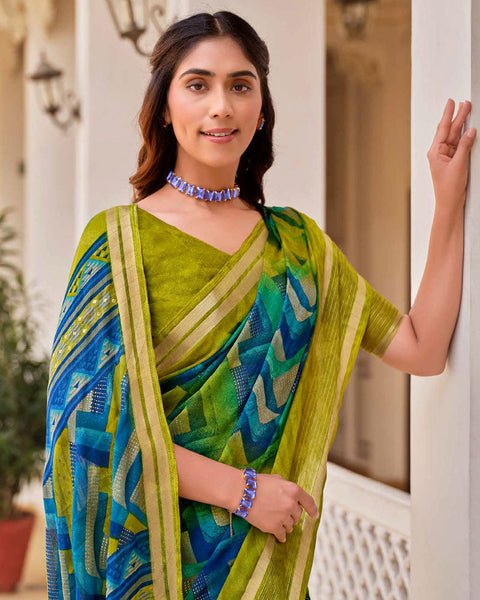 Olive Yellow Printed Moss Chiffon Saree With Foil Print And Weaved Fancy Border