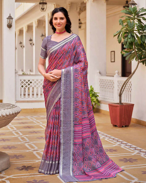 Mountbattan Pink Printed Moss Chiffon Saree With Foil Print And Weaved Fancy Border