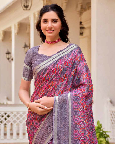 Mountbattan Pink Printed Moss Chiffon Saree With Foil Print And Weaved Fancy Border