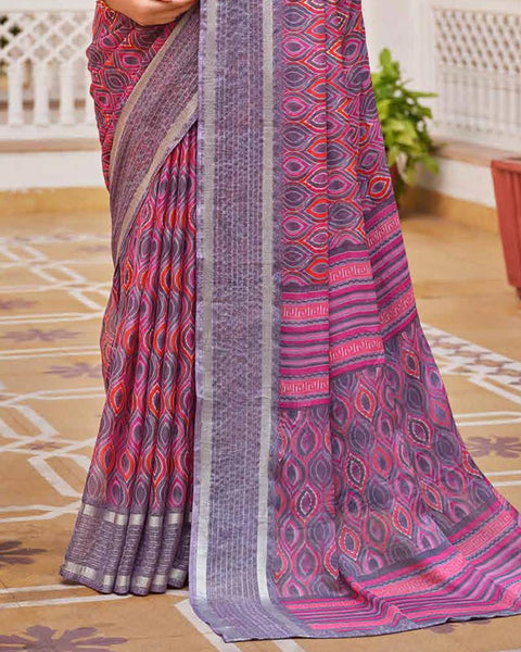 Mountbattan Pink Printed Moss Chiffon Saree With Foil Print And Weaved Fancy Border