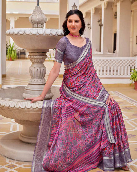 Mountbattan Pink Printed Moss Chiffon Saree With Foil Print And Weaved Fancy Border