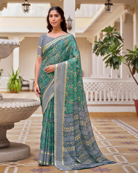 Cool Grey Printed Moss Chiffon Saree With Foil Print And Weaved Fancy Border