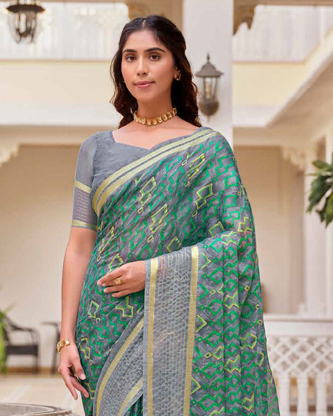 Cool Grey Printed Moss Chiffon Saree With Foil Print And Weaved Fancy Border