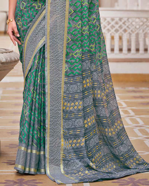 Cool Grey Printed Moss Chiffon Saree With Foil Print And Weaved Fancy Border