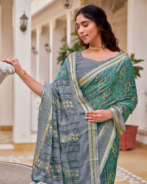 Cool Grey Printed Moss Chiffon Saree With Foil Print And Weaved Fancy Border