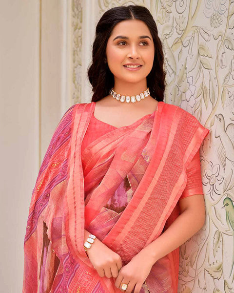 Coral Printed Moss Chiffon Saree With Foil Print And Weaved Fancy Border