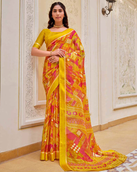 Corn Yellow Printed Moss Chiffon Saree With Foil Print And Weaved Fancy Border