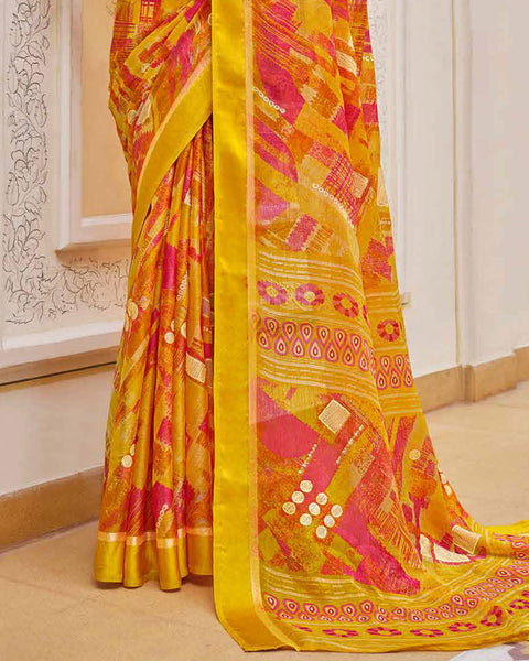 Corn Yellow Printed Moss Chiffon Saree With Foil Print And Weaved Fancy Border
