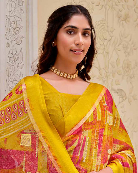 Corn Yellow Printed Moss Chiffon Saree With Foil Print And Weaved Fancy Border