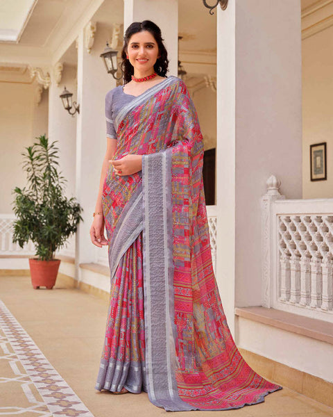 Cool Grey Printed Moss Chiffon Saree With Foil Print And Weaved Fancy Border
