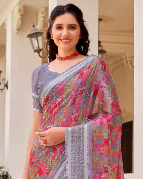 Cool Grey Printed Moss Chiffon Saree With Foil Print And Weaved Fancy Border