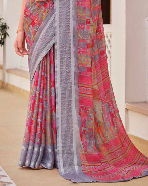 Cool Grey Printed Moss Chiffon Saree With Foil Print And Weaved Fancy Border
