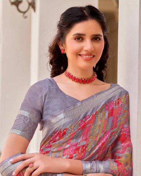 Cool Grey Printed Moss Chiffon Saree With Foil Print And Weaved Fancy Border