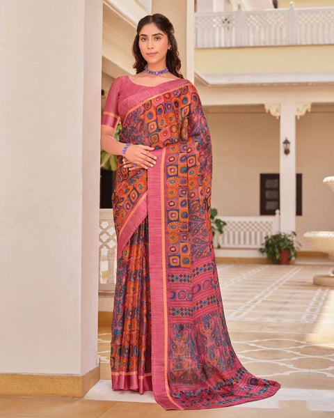 Cherry Pink Printed Moss Chiffon Saree With Foil Print And Weaved Fancy Border