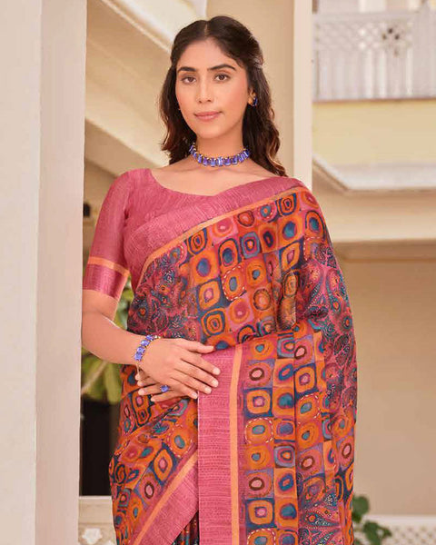 Cherry Pink Printed Moss Chiffon Saree With Foil Print And Weaved Fancy Border