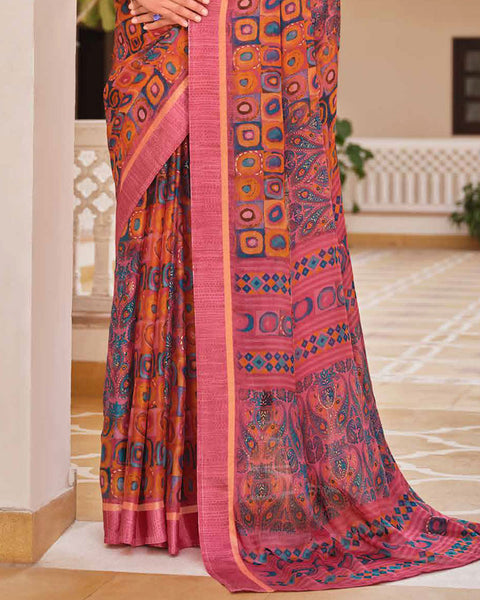 Cherry Pink Printed Moss Chiffon Saree With Foil Print And Weaved Fancy Border