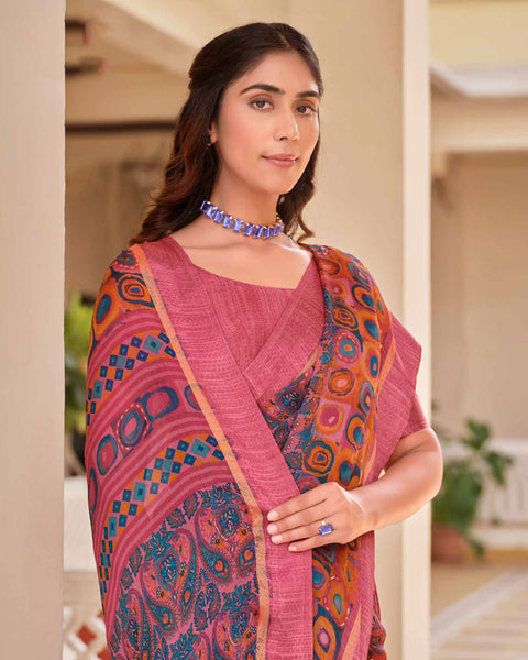 Cherry Pink Printed Moss Chiffon Saree With Foil Print And Weaved Fancy Border