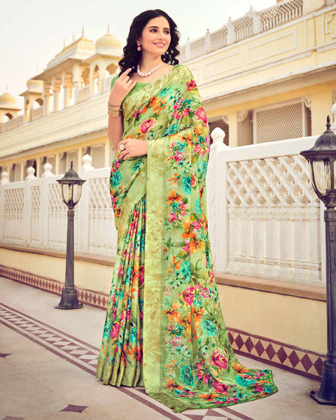 Deco Green Printed Chiffon Saree With Weaved Fancy Border