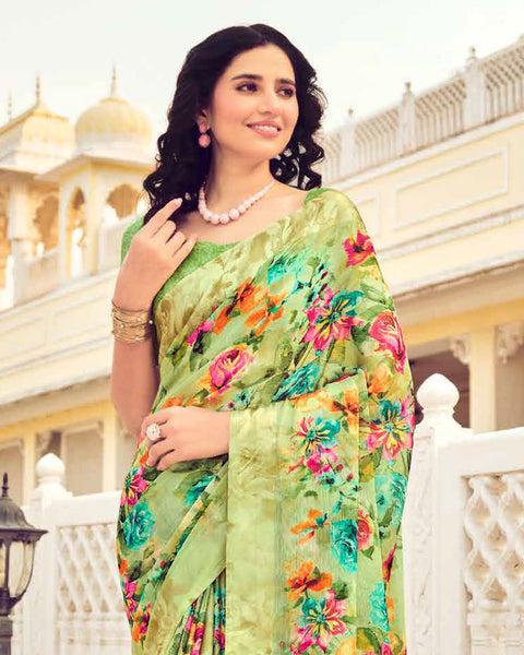 Deco Green Printed Chiffon Saree With Weaved Fancy Border