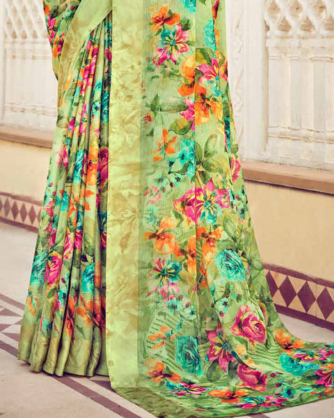 Deco Green Printed Chiffon Saree With Weaved Fancy Border