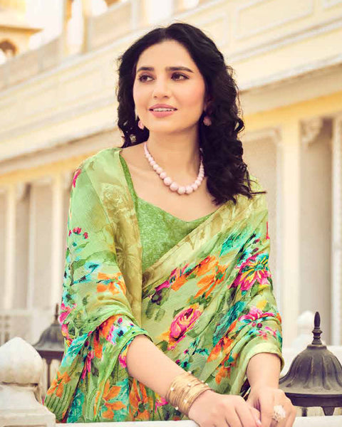 Deco Green Printed Chiffon Saree With Weaved Fancy Border