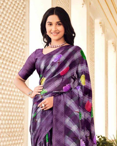 Bossanova Violet Printed Chiffon Saree With Weaved Fancy Border